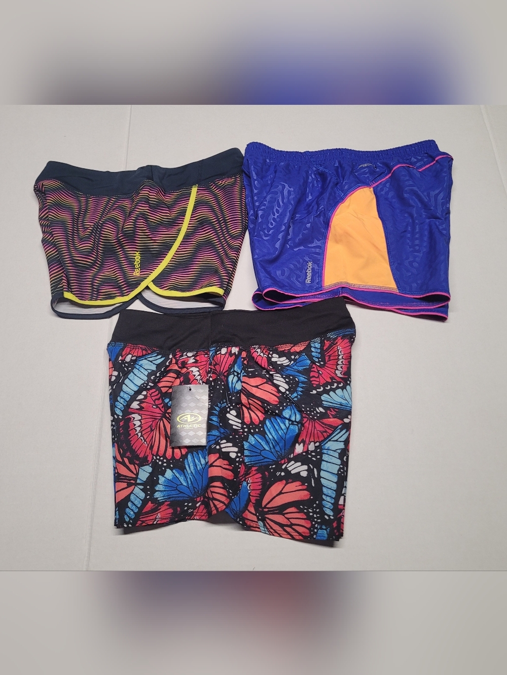 Reebok Blue & Yellow Athletic Shorts + Butterfly Print Compression Shorts Set